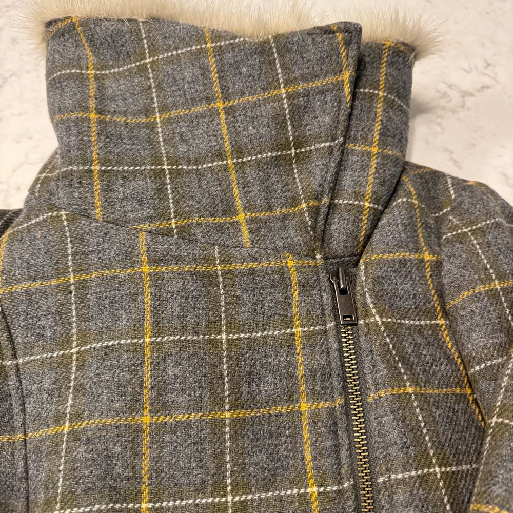 Banana Republic Gray Plaid Wool Moto Jacket with Faux Fur Collar – Size M Petite - Picture 7 of 11